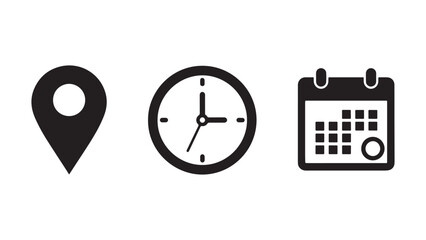 Location, time, calendar and notification bell icons set. Flat simple illustrations of pin, date, clock and bell. Modern location time calendar design.