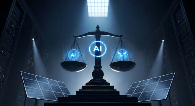 AI ethical dilemma visualized with scales of justice weighing good versus evil in a futuristic tech environment with solar power and server racks