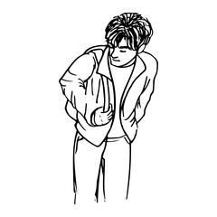 Drawing of a man with a backpack and a jacket looking away, top view - hand-drawn line art doodle
