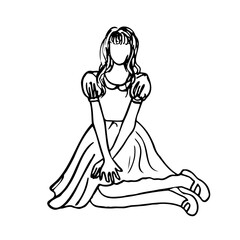 sketch of a faceless girl sitting on the floor in a knee-length dress with a voluminous hem, legs tucked under her knees - a hand drawn doodle in a realistic style