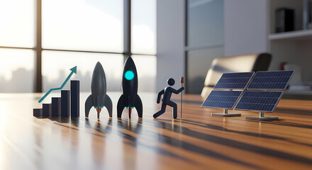 Dynamic business growth with rockets and solar energy innovation symbolizing future success and sustainable development in a modern office setting