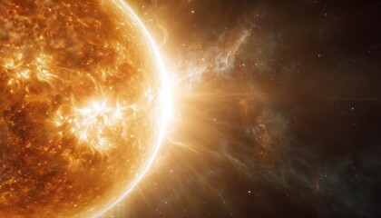 Fototapeta premium Intense Sun Releases Plasma And Flares In Space, Creating Solar Flare Plaza And Magnetic Storms In The Universe.