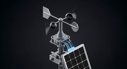 Innovative wind turbine and solar panel system capturing clean energy, symbolizing renewable power and environmental sustainability for modern technology solutions.