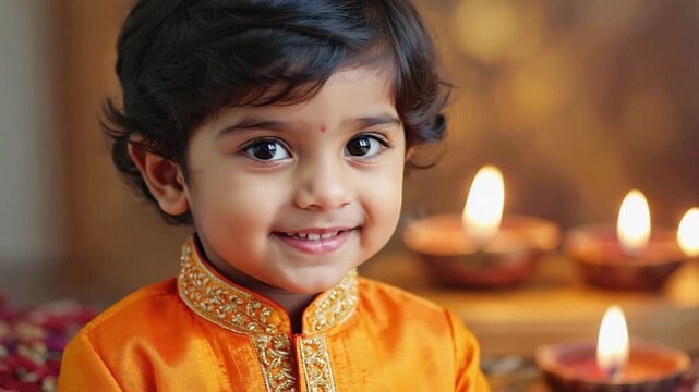 Adorable Indian toddler boy in orange kurta smiling with lit diyas in background Keywords: Indian child, toddler, boy, smiling, happy
