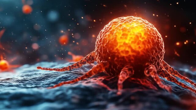 Microscopic view of glowing red cell with tendrils over textured blue surface