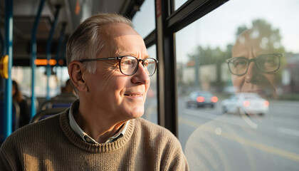 Elderly man looking out the bus window with a thoughtful expression