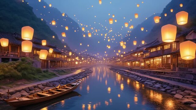 Traditional Chinese village at night with river, boat and floating sky lanterns Keywords: China, village, town, ancient, traditional