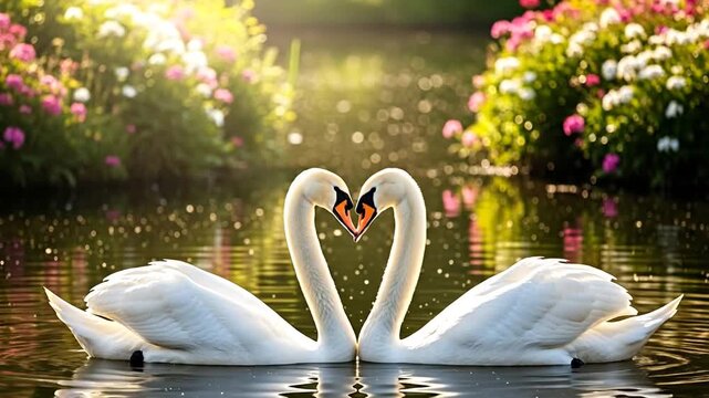 Graceful swans form heart on tranquil pond, romantic wildlife, soft sunlight