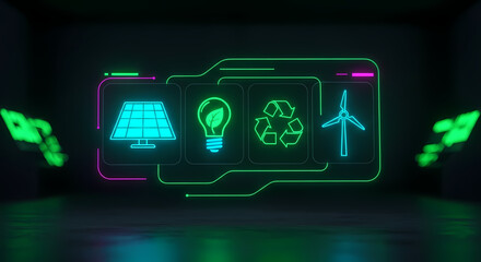 Obraz premium Illuminated digital display showcasing vital renewable energy icons solar panel, wind turbine, recycling, and lightbulb, symbolizing a bright, sustainable future and environmental commitment