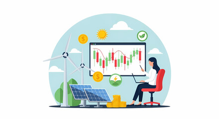 A woman analyzes stock market trends related to renewable energy investments, symbolizing sustainable finance and economic growth through green technology