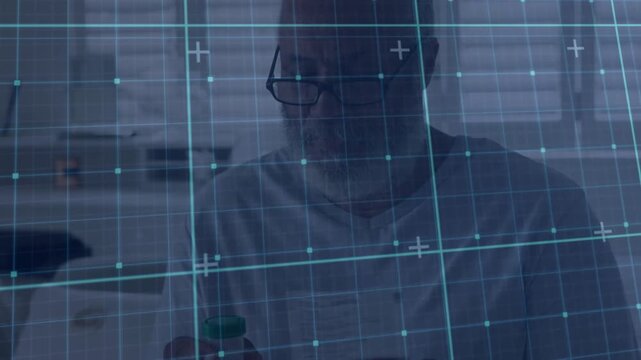 Translucent medical grid sweeping revealing senior man lifting green-cap bottle and examining label