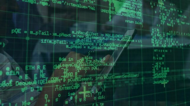 Senior man tapping tablet in tech office, transparent grid overlay flowing while reviewing code