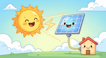 Fototapeta premium Cute cartoon sun, solar panel, and happy house illustrating renewable clean energy generation, sustainable living, and eco-friendly power solutions for a brighter future