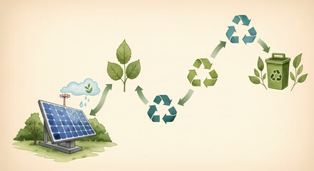 Illustrating the sustainable cycle of renewable solar energy, natural resource management, and effective waste recycling for environmental preservation and a greener planet