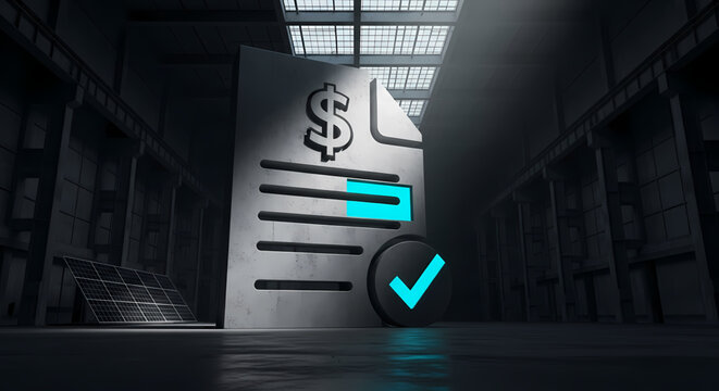 Digital visualization of financial completion A glowing checkmark affirms a successful payment document with a dollar sign, representing business achievement and met financial goals
