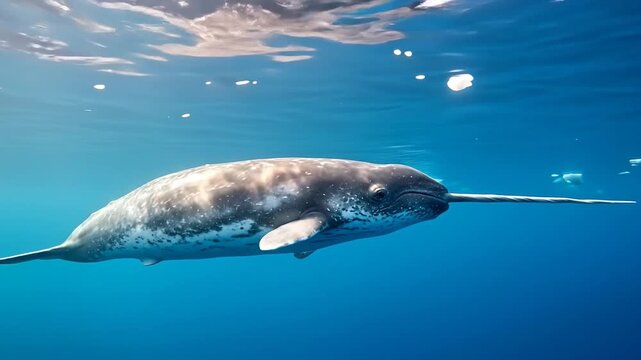 Majestic narwhal swims Arctic ocean, its iconic tusk glides through clear blue water