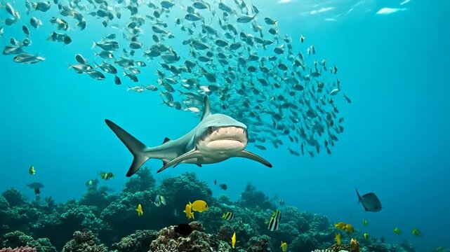 Dynamic underwater marine life: fish school, shark, diverse ocean creatures,