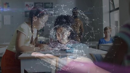 Two students pointing at workbook solving math problems as AR globe emerging boosting education