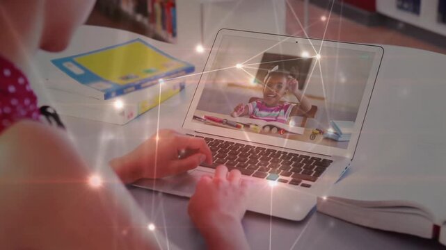 Teenager launching laptop teaching session guiding child raising hand amidst pulsing nodes