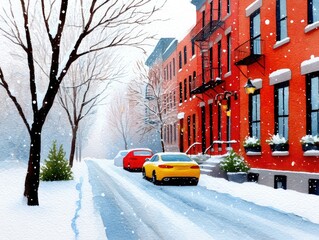 Obraz premium A taxi drives along a winter street in New York City past skyscrapers. Watercolor cityscape, Christmas card.