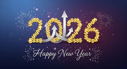 Happy new year 2026 with golden dollar signs and silver arrows symbolizing financial growth and celebration