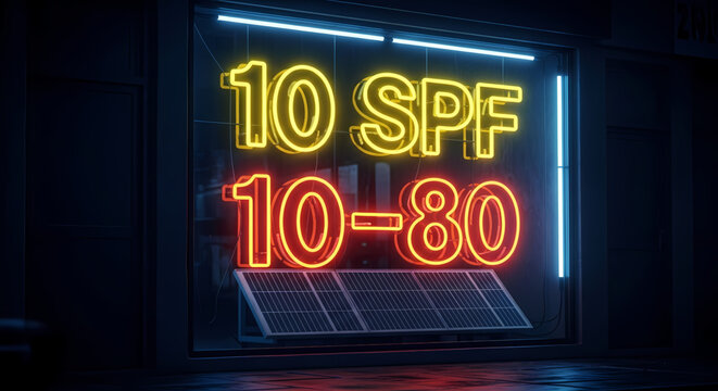 Luminous neon text displaying SPF and numerical values casts a vibrant glow over modern solar energy panels, embodying the futuristic synergy between data, safety, and renewable power solutions