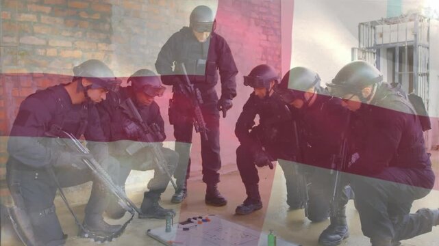Six military officers entering brick room placing map scattering tokens planning breach routes