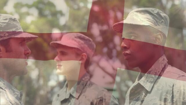 Junior soldier executing salute after flag overlay drifting across training ground honoring NCO