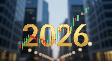 Golden year 2026 text with financial stock market graph overlay in urban city street background