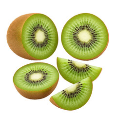 Fototapeta premium Fresh, ripe kiwifruit, whole and sliced, vibrant green flesh, black seeds, white core, isolated on white with copy space, concept of healthy eating