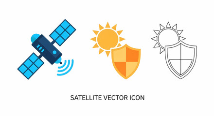 Dynamic vector illustration featuring a sophisticated communication satellite for global data transmission, complemented by shield icons for robust sun protection and comprehensive digital security