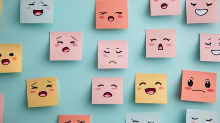 A colorful array of sticky notes featuring various facial expressions, representing different emotions against a blue background.