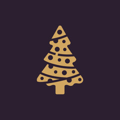 Golden minimalist Christmas tree icon with festive cut-out design on dark background for modern holiday decoration and seasonal graphic use