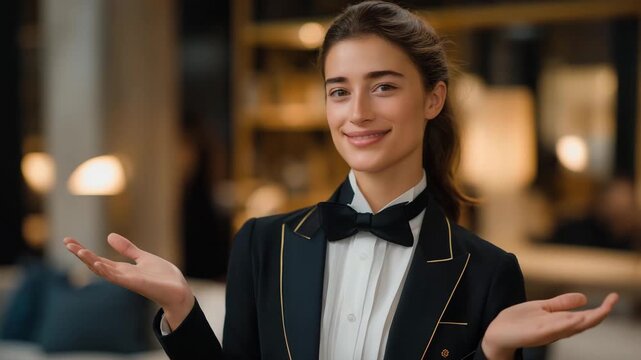 Female butler expressing confidence and composure while mediating minor guest dispute, emotion calm but empathetic, symbolizing diplomacy, leadership, and emotional intelligence in high-pressure