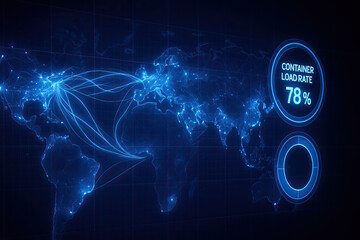 Obraz premium Global supply route map with glowing nodes inventory and supply chain visualization showing freight flow management and container load rate display 78% emotional futuristic logistics dashboard