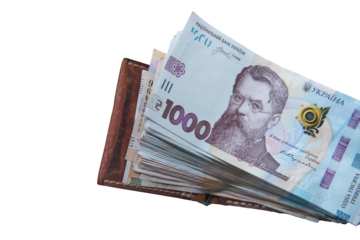 Ukrainian banknotes in brown wallet on transparent background, closeup of 1000 UAH bills for finance and business design.