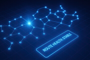 Fototapeta premium Route network node glowing on digital grid inventory supply chain management visualization showing connected data points route health stable futuristic logistics monitoring