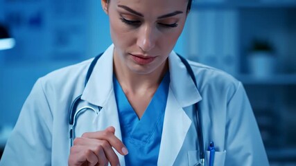 Focused female doctor examining medical data on tablet in modern hospital setting at night - Powered by Adobe