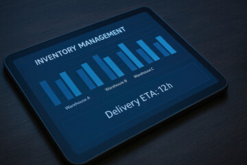 Inventory management dashboard on tablet showing warehouse stock levels delivery ETA and supply chain insights for logistics operations with professional analytical interface