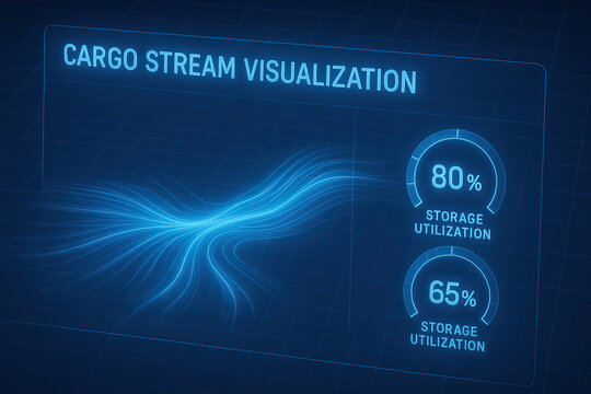 Cargo stream visualization supply network showing inventory flow and management dashboard with glowing data lines and utilization gauges conveying efficient logistics planning and real time insight