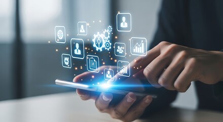 Person using a smartphone with a network of business icons and gears technology digital