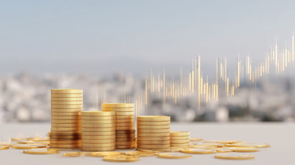 Futuristic city skyline made of gold coin stack, financial growth, investment, and economic success concept