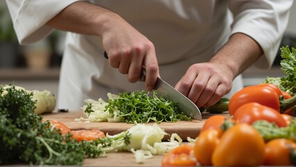 Photorealistic close-up of a chef’s hands slicing fresh vegetables on a cutting board in natural kitchen lighting