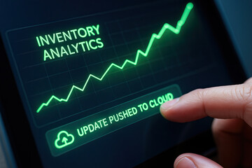 Inventory supply chain management dashboard on tablet showing analytics growth chart and fingertip pressing cloud update button conveying efficiency and confidence