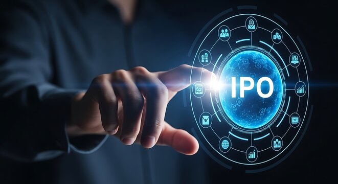 Finger touching IPO globe with financial icons and network initial public offering