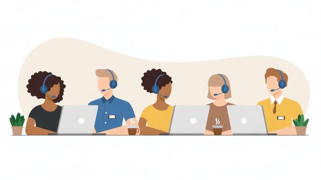 Digital Assistance: A team of customer support representatives, united in their commitment, provides digital assistance to global clients. This graphic symbolizes effective communication.