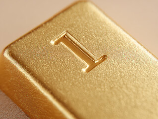 Macro shot of gold bar shiny surface engraved number wealth finance investment luxury closeup metallic texture