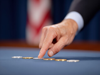 Policymaker hand selecting coin on blue table, symbolizing economic decision, inflation, interest rate, and financial strategy
