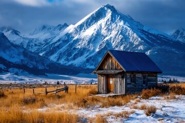 Serene Mountain Cabin Amidst Snowy Peaks Landscape