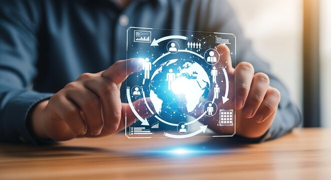 Person holding holographic globe with network of people and data global connection